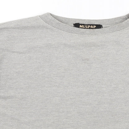 Close-up detail of Misspap women’s grey pullover sweatshirt, size UK 8