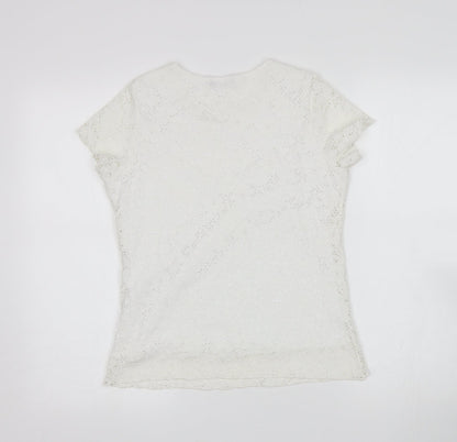 Back view of Brittany Black women’s white floral basic blouse, size S