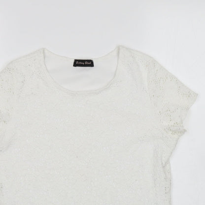 Close-up detail of Brittany Black women’s white floral basic blouse, size S