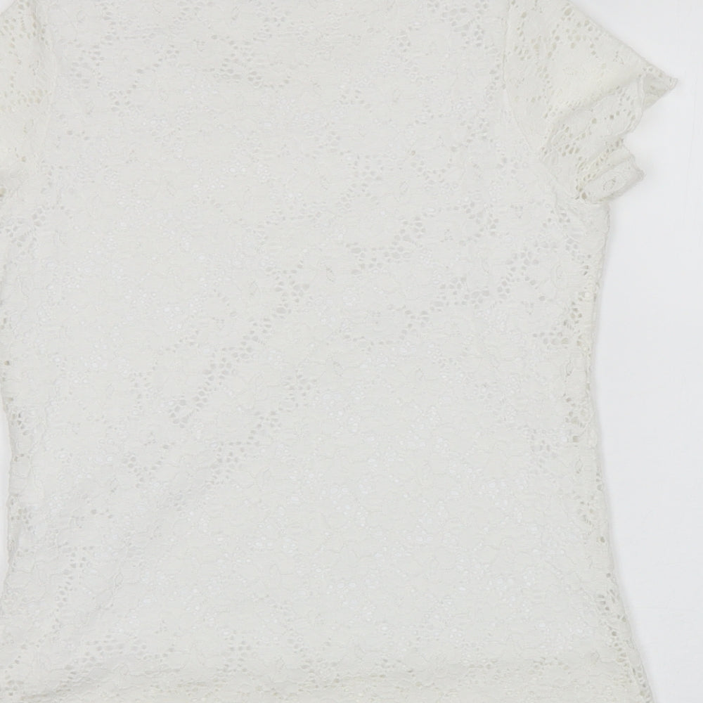 Brand and care label for Brittany Black women’s white floral basic blouse, size S