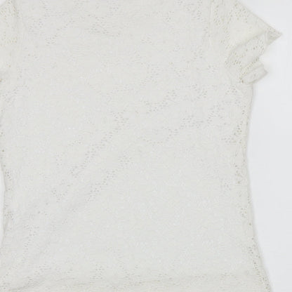 Brand and care label for Brittany Black women’s white floral basic blouse, size S