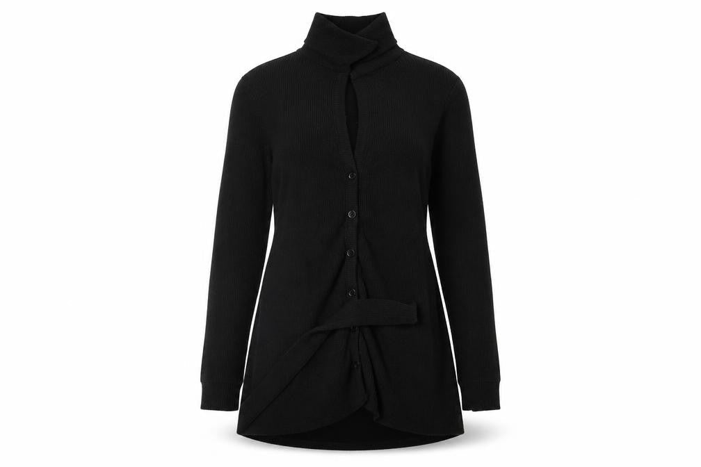 Front view of In the Style women’s black cardigan jumper, size UK 12