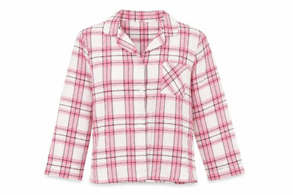 Front view of Preworn women’s pink plaid top pyjama top, size UK 10