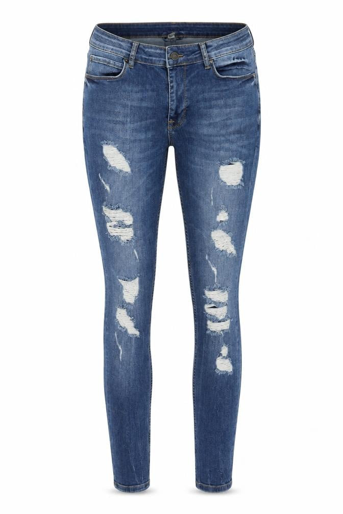 Front view of ASOS women’s blue denim skinny jeans, size UK 32, in, 31-inch leg