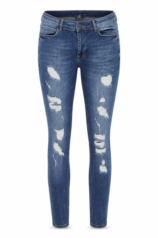 Front view of ASOS women’s blue denim skinny jeans, size UK 32, in, 31-inch leg