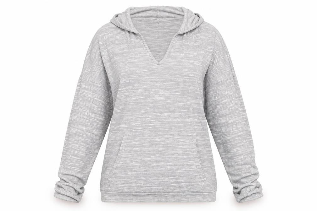 Front view of PRETTYLITTLETHING women’s grey pullover hoodie, size UK 8