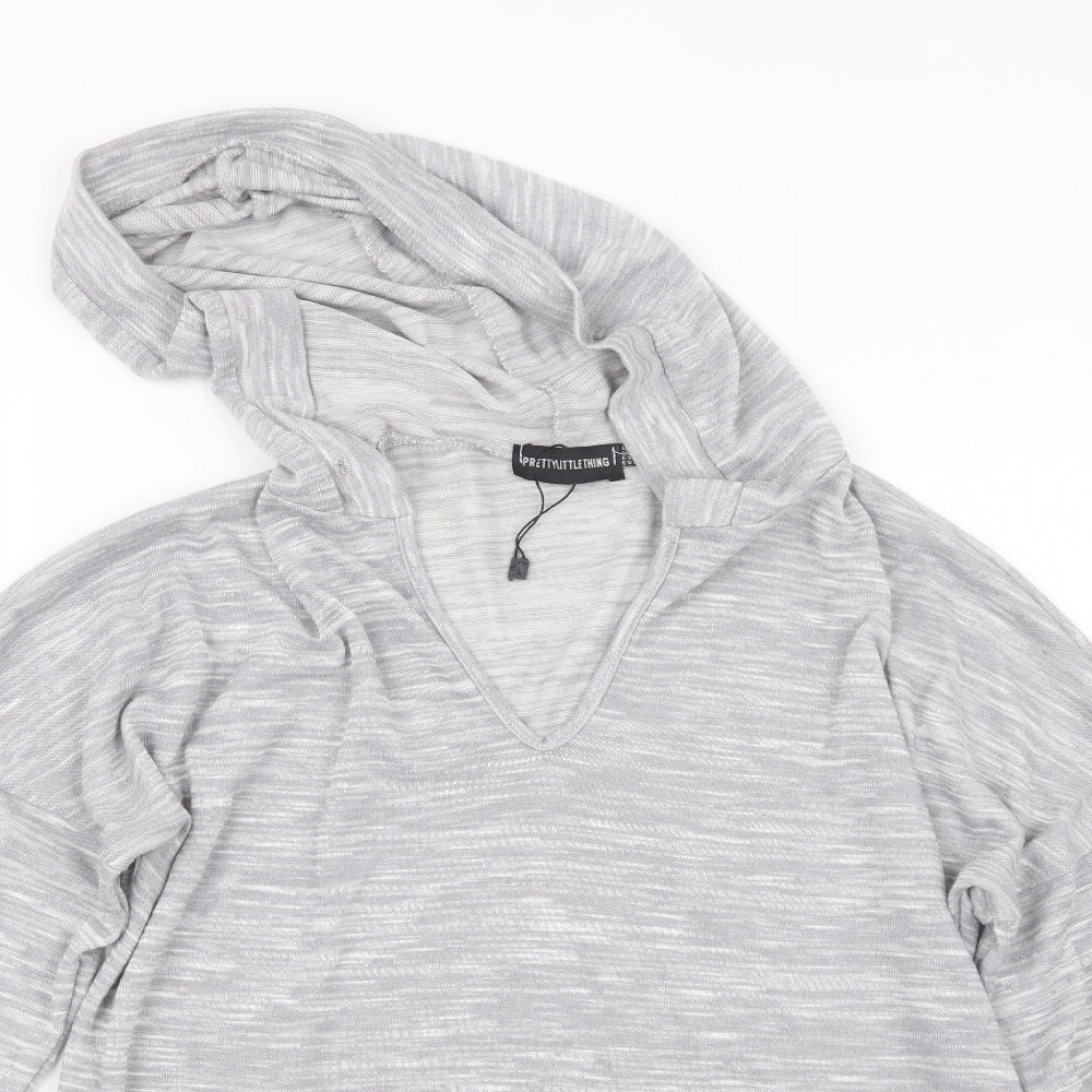 Close-up detail of PRETTYLITTLETHING women’s grey pullover hoodie, size UK 8
