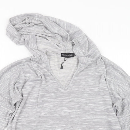 Close-up detail of PRETTYLITTLETHING women’s grey pullover hoodie, size UK 8