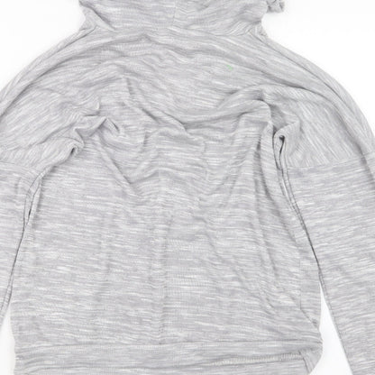 Brand and care label for PRETTYLITTLETHING women’s grey pullover hoodie, size UK 8