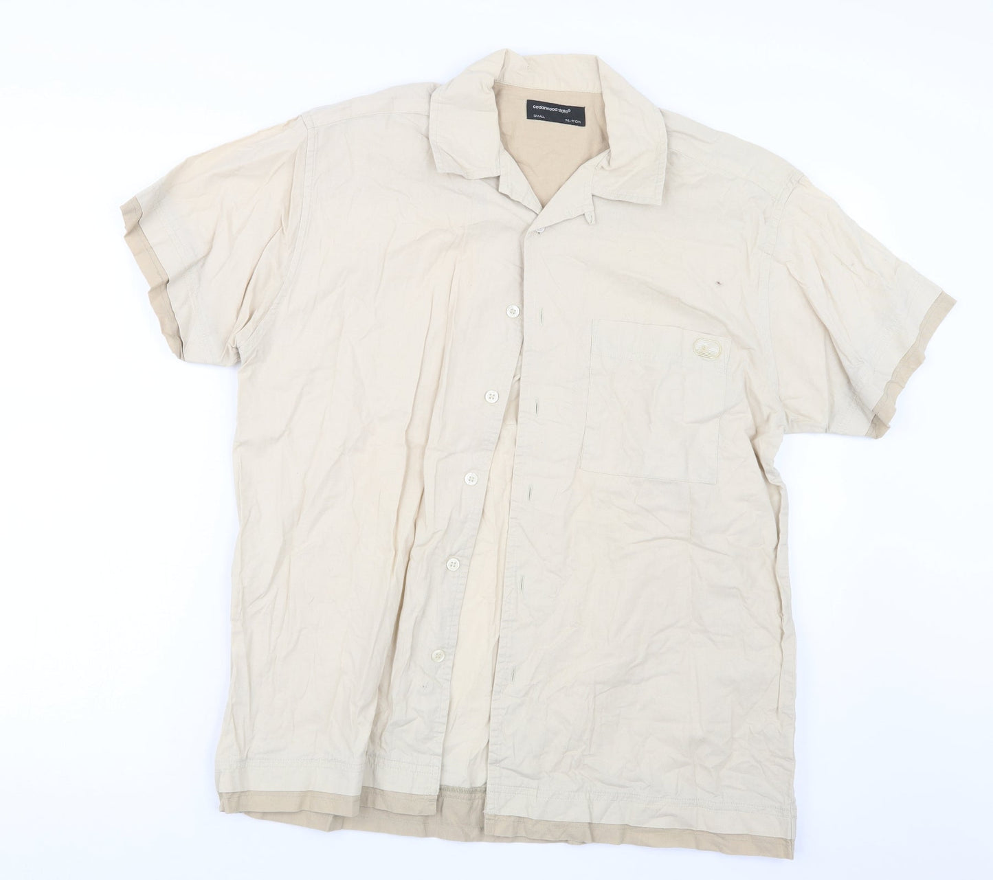 Mens UK Size S Cedar Wood State Beige  Button-Up Short Sleeve Casual Shirt