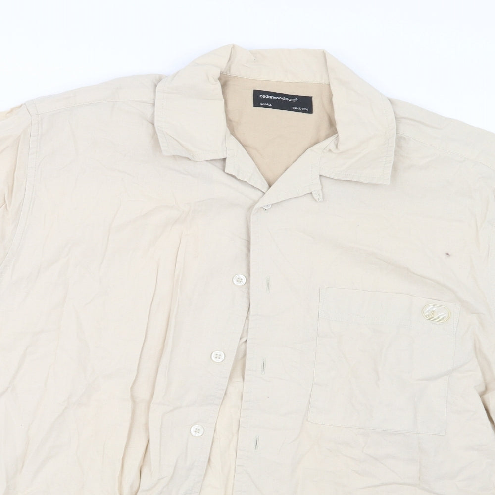 Mens UK Size S Cedar Wood State Beige  Button-Up Short Sleeve Casual Shirt