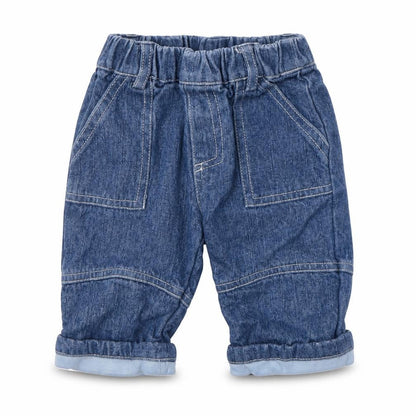 Front view of Jac Baby Baby Blue Denim Capri Jeans, size 3-6, Months