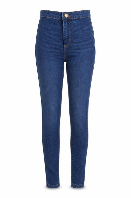 Front view of Miss Selfridge women’s blue denim skinny jeans, size UK 4, 28-inch leg
