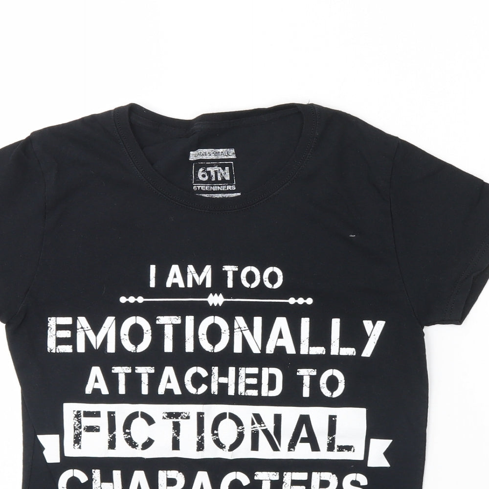 Close-up detail of 6tn women’s black basic t-shirt, size S, - fictional characters