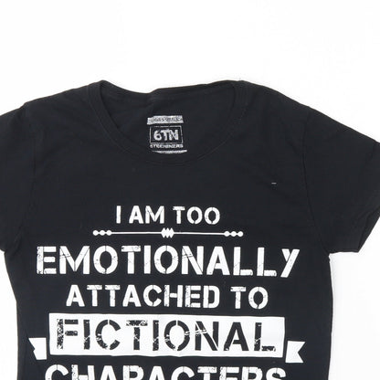 Close-up detail of 6tn women’s black basic t-shirt, size S, - fictional characters