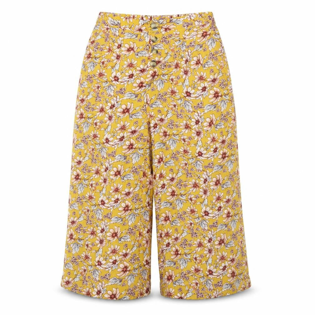 Front view of American eagle women’s yellow floral trousers, size M, 21-inch leg