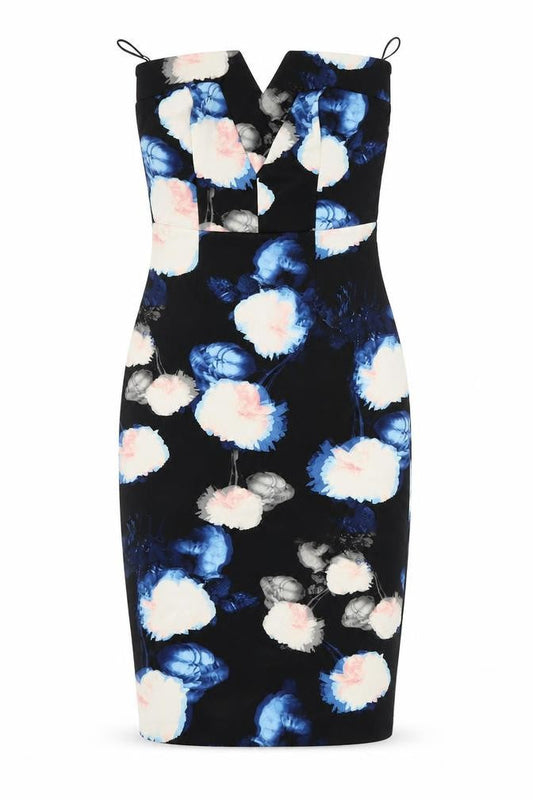 Front view of River Island women’s black floral bodycon, size UK 8