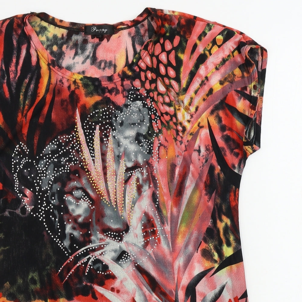 Close-up detail of Preppy women’s pink floral basic blouse, size S