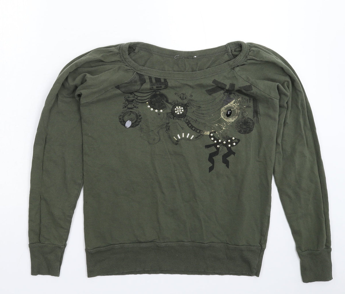 Additional front view of women’s green pullover sweatshirt, size UK 12