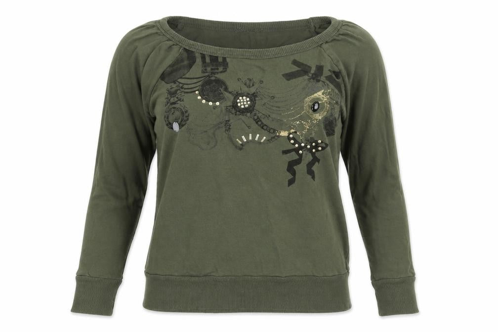 Front view of women’s green pullover sweatshirt, size UK 12