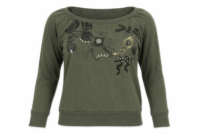 Front view of women’s green pullover sweatshirt, size UK 12