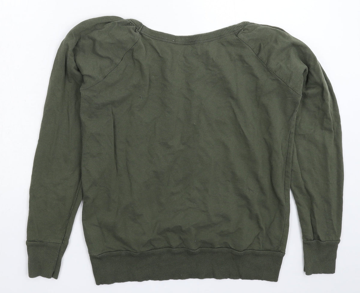Back view of women’s green pullover sweatshirt, size UK 12