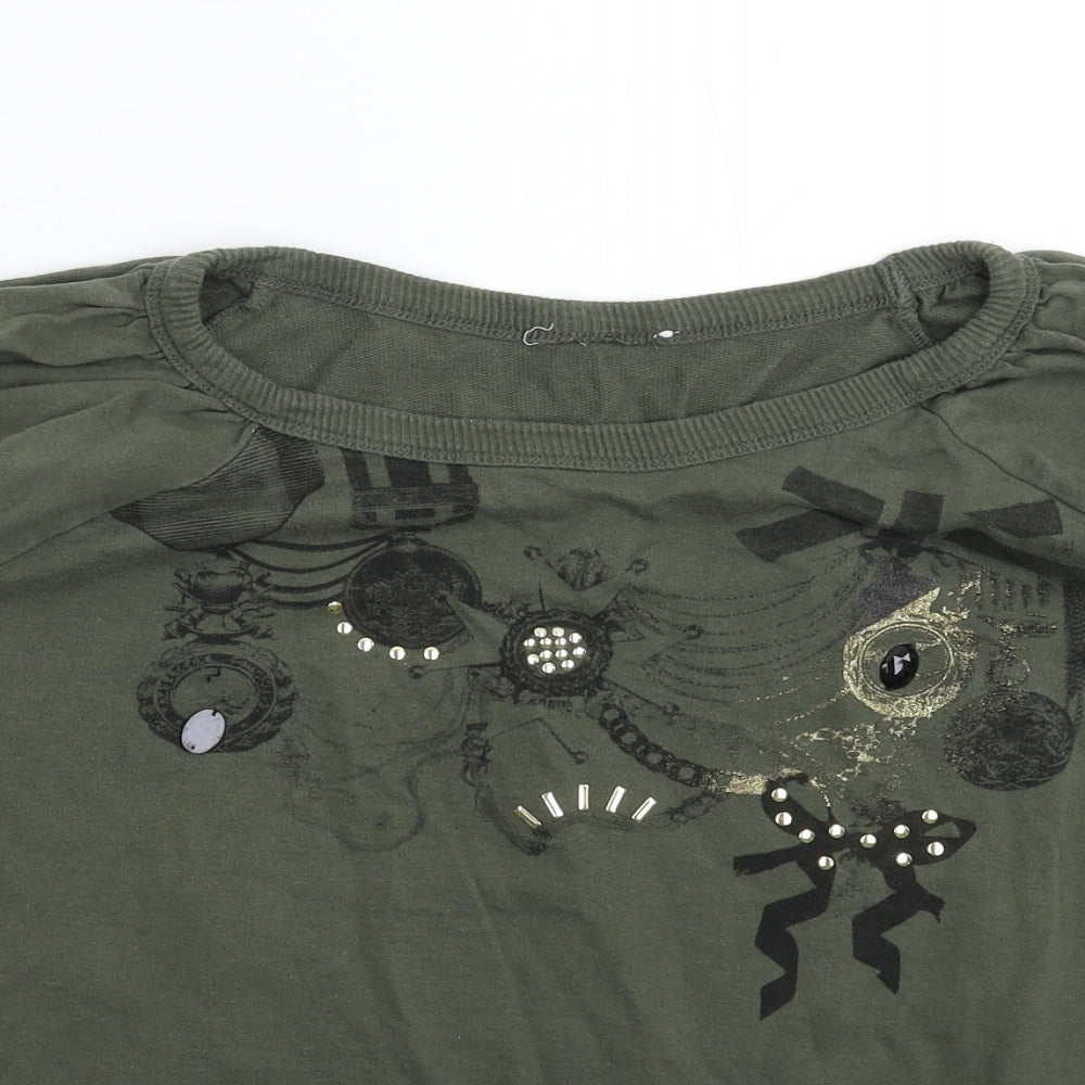 Close-up detail of women’s green pullover sweatshirt, size UK 12
