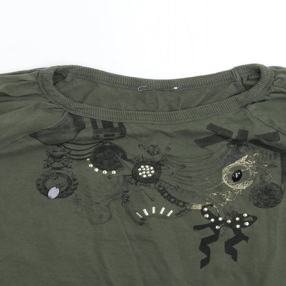 Close-up detail of women’s green pullover sweatshirt, size UK 12