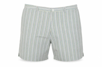 Front view of Bonmarché men’s multicoloured striped bermuda shorts, size L