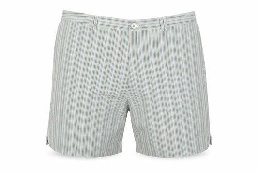 Front view of Bonmarché men’s multicoloured striped bermuda shorts, size L