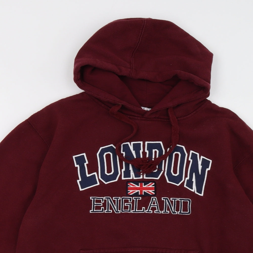 Close-up detail of zone one women’s red pullover hoodie, size S