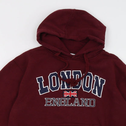 Close-up detail of zone one women’s red pullover hoodie, size S