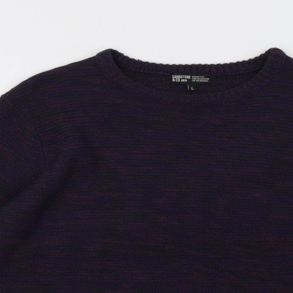 Close-up detail of sandstones men’s purple pullover sweatshirt, size L