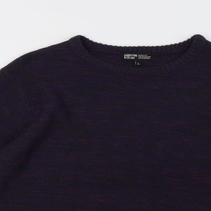Close-up detail of sandstones men’s purple pullover sweatshirt, size L