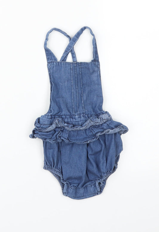 Front view of Matalan girls’ blue dungaree one-piece, size 12-18, months