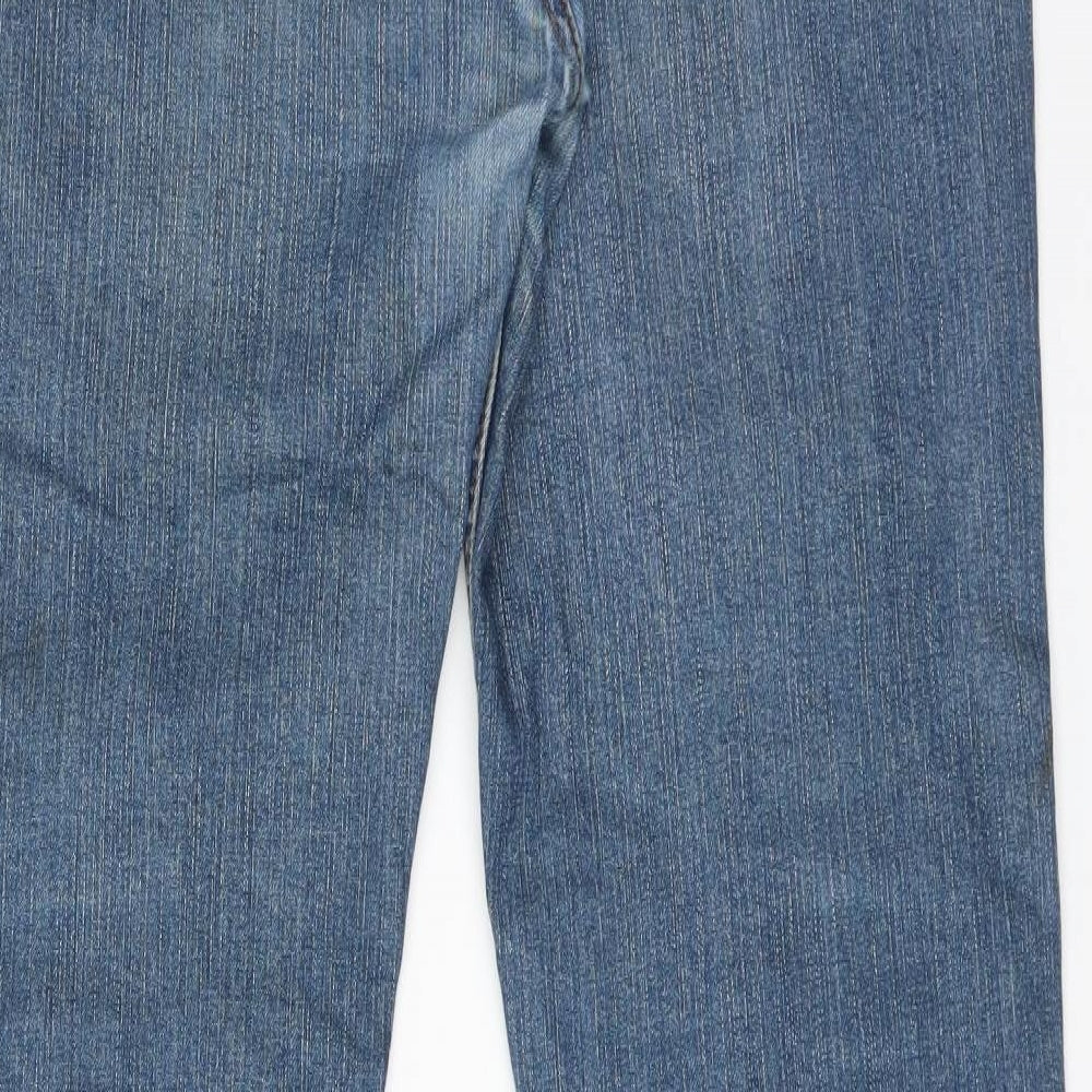Brand and care label for DSTRUCT women’s blue straight jeans, size UK 36, 31-inch leg