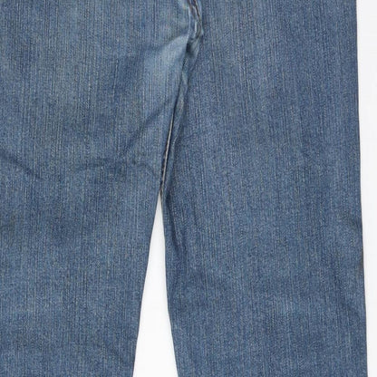 Brand and care label for DSTRUCT women’s blue straight jeans, size UK 36, 31-inch leg