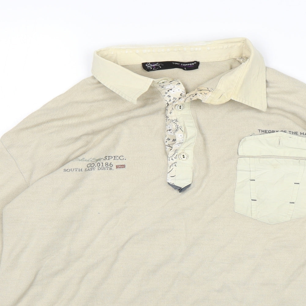 Close-up detail of Tony Cooper women’s beige basic polo, size L