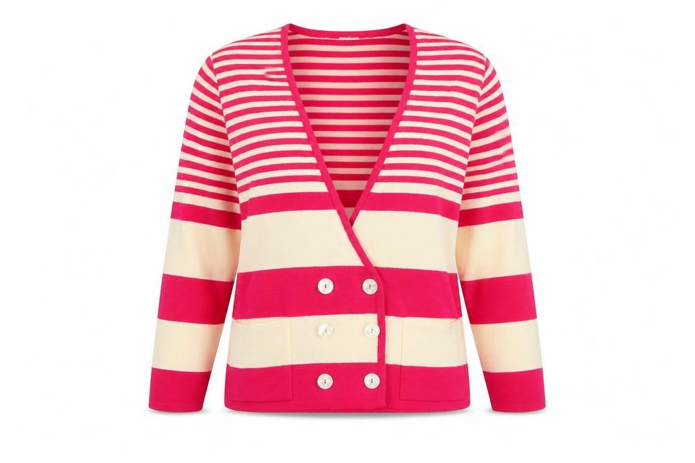 Front view of LUCIA women’s multicoloured striped cardigan jumper, size UK 12