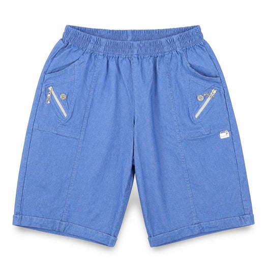 Front view of Preworn women’s blue bermuda shorts, size UK 22, in