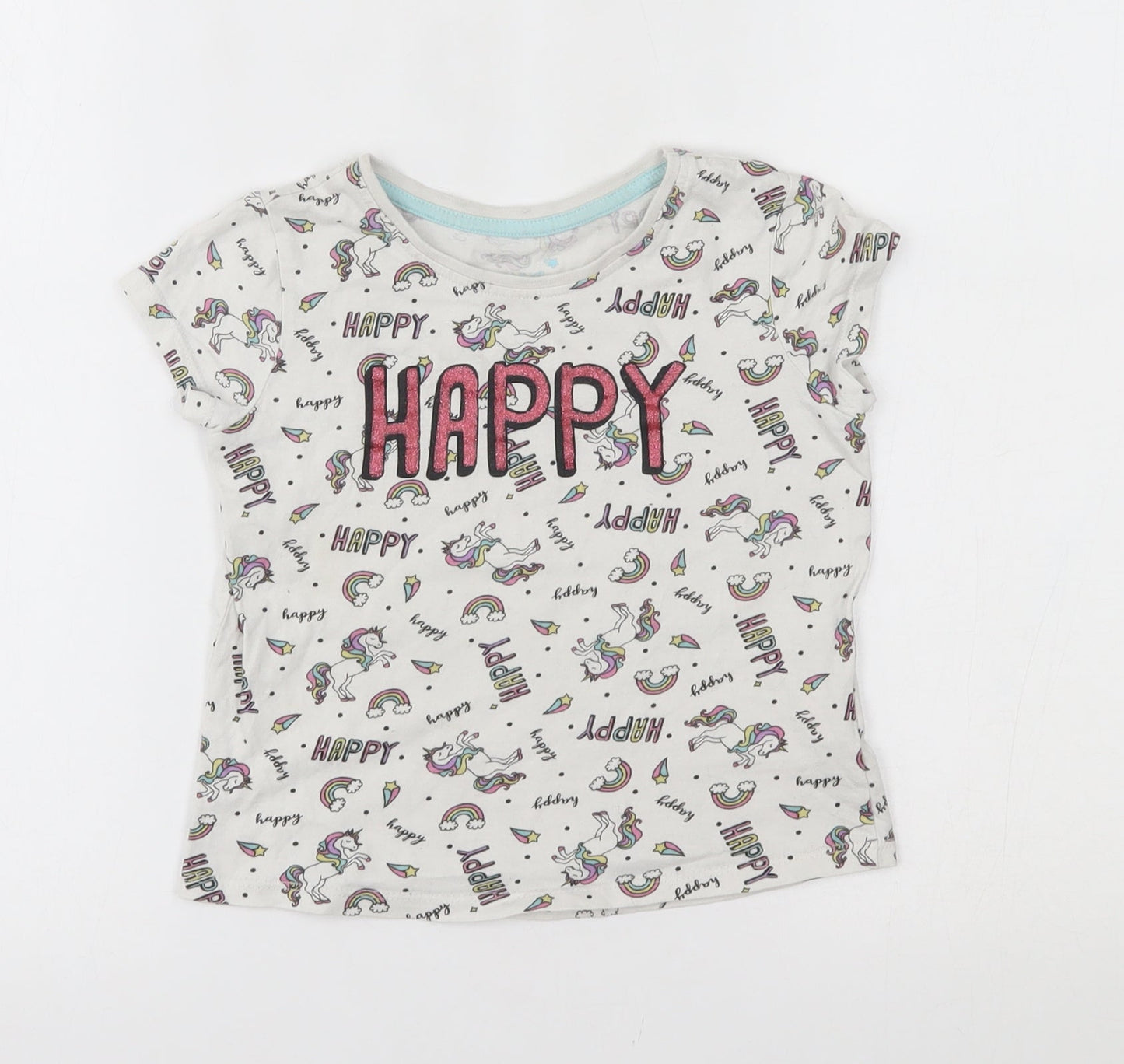 Primark Girls White    Pyjama Top Size 4-5 Years  - unicorn, happy