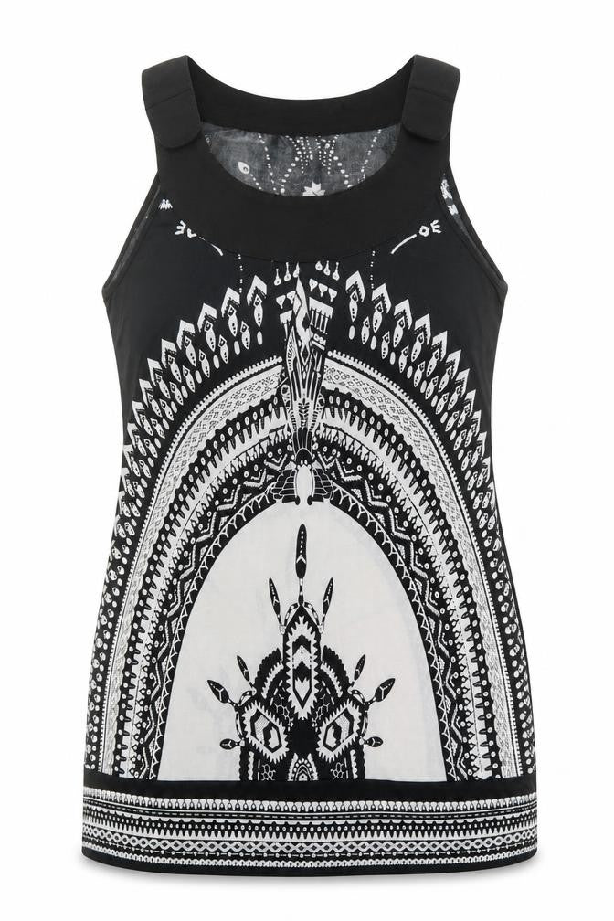 Front view of Pussycat London women’s black geometric basic tank, size L