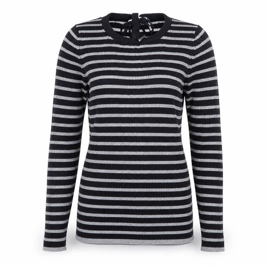 Front view of Oui women’s black striped jumper, size UK 14