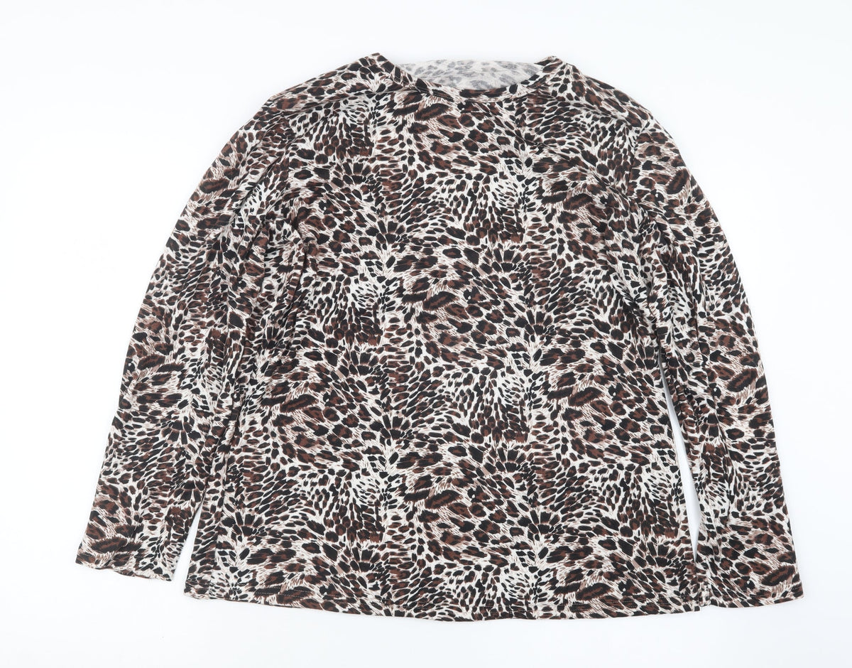 Additional front view of Kin Da women’s brown animal print basic t-shirt, size L
