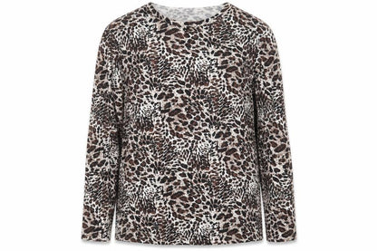 Front view of Kin Da women’s brown animal print basic t-shirt, size L