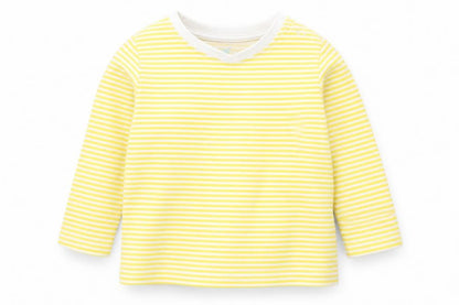 Front view of Lupilu Baby Yellow Striped Basic T-Shirt, size 6-9, Months