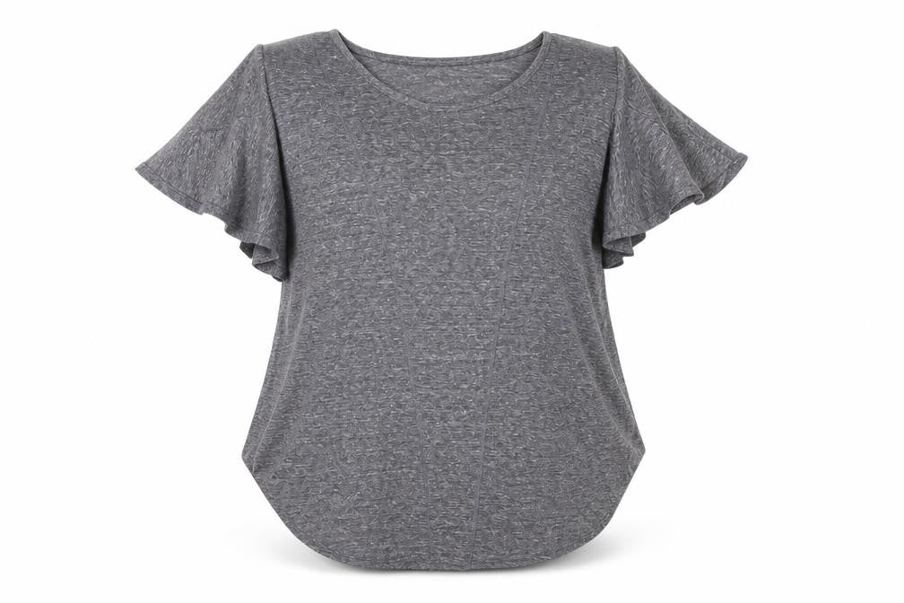 Front view of haute society women’s grey basic blouse, size L, - open shoulder