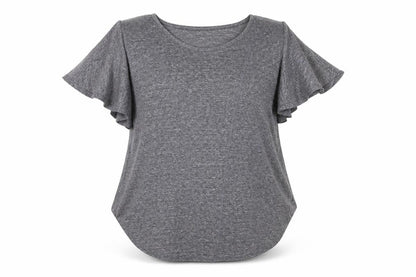 Front view of haute society women’s grey basic blouse, size L, - open shoulder