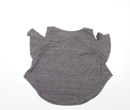 Back view of haute society women’s grey basic blouse, size L, - open shoulder