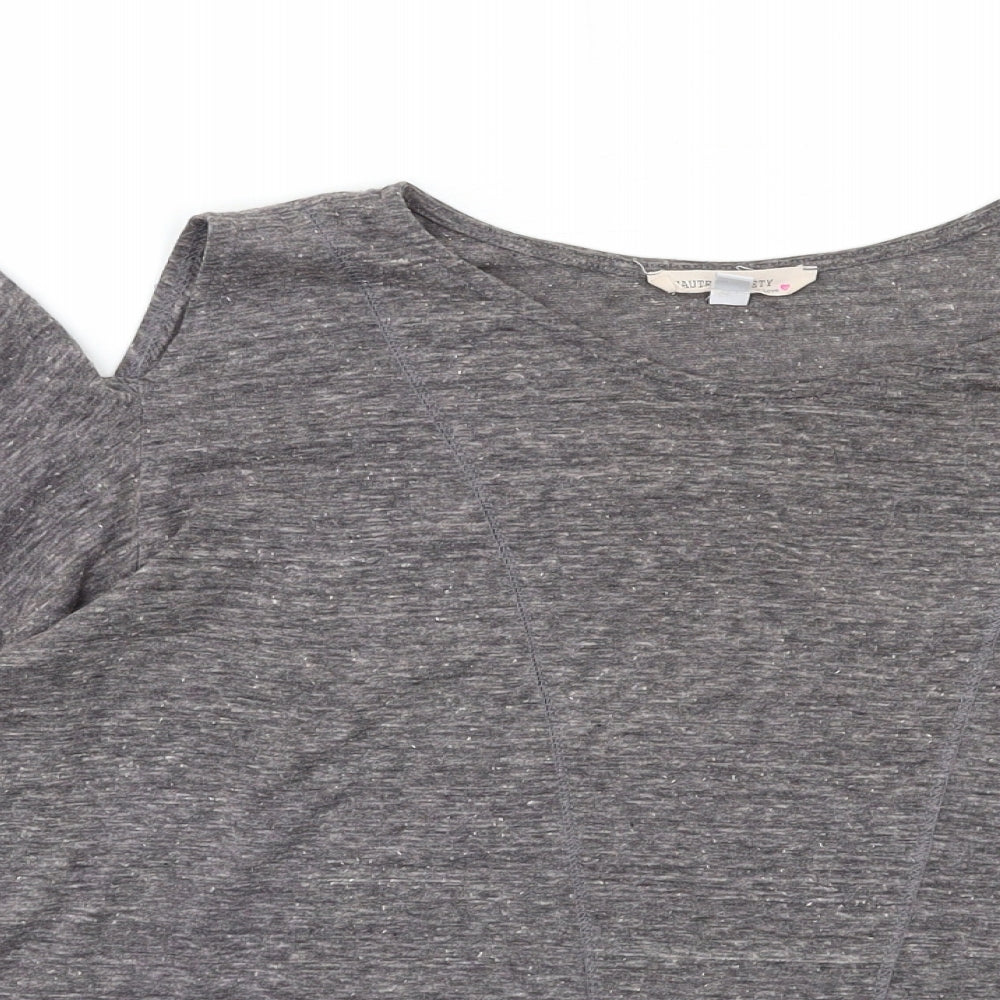 Close-up detail of haute society women’s grey basic blouse, size L, - open shoulder